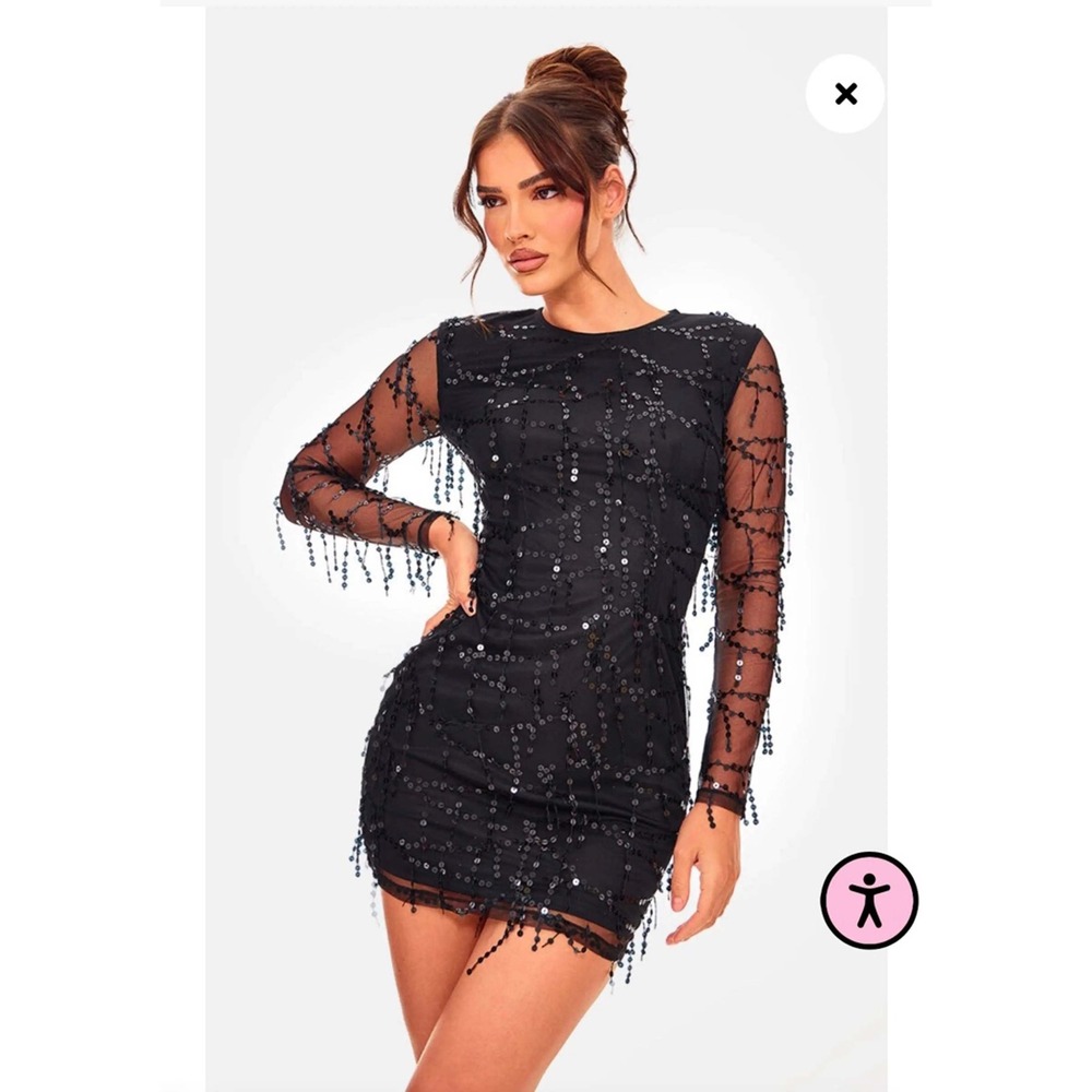 NWT PrettyLittleThing Sequin Mini Dress Size 2 Black Long Sleeve Fringe Glam